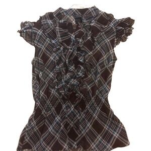 Y2K Twee Plaid Ruffle Blouse - Black and Blue